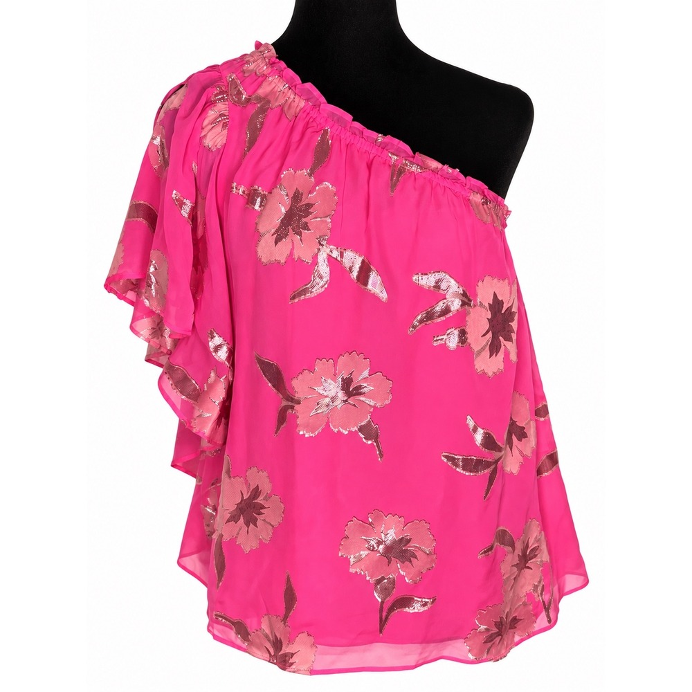 Lilly Pulitzer Sarahleigh Top S Pink Silk Metallic Floral One Shoulder Coquette